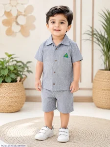 2 Pcs Boy's Cotton Lawn Printed Shirt And Shorts Set