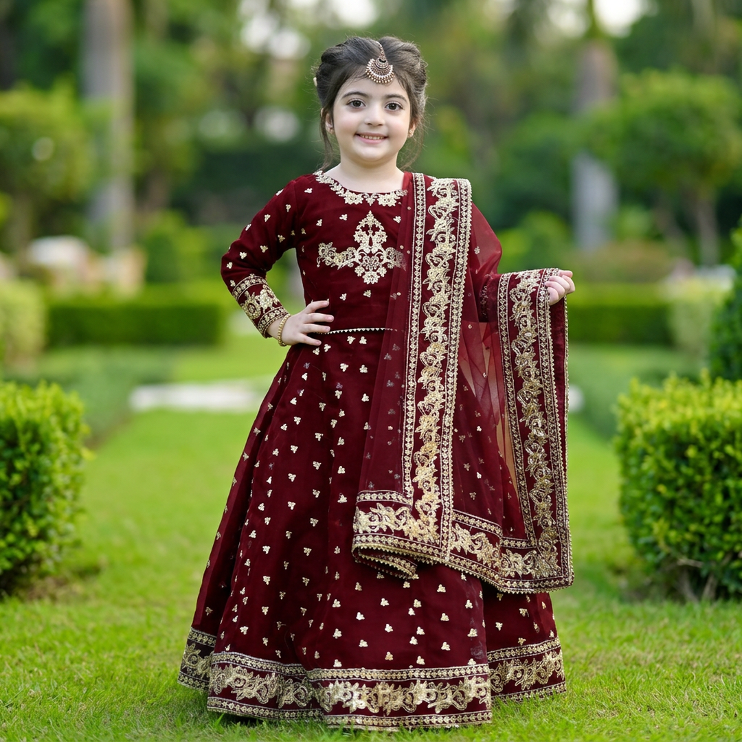 Kids 3Pcs Embroidered Maroon Lehenga Set