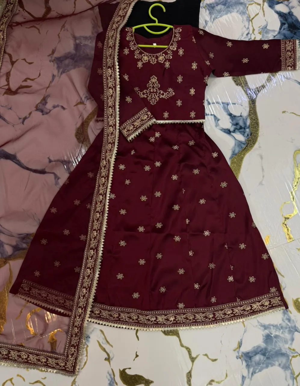 Kids 3Pcs Embroidered Maroon Lehenga Set