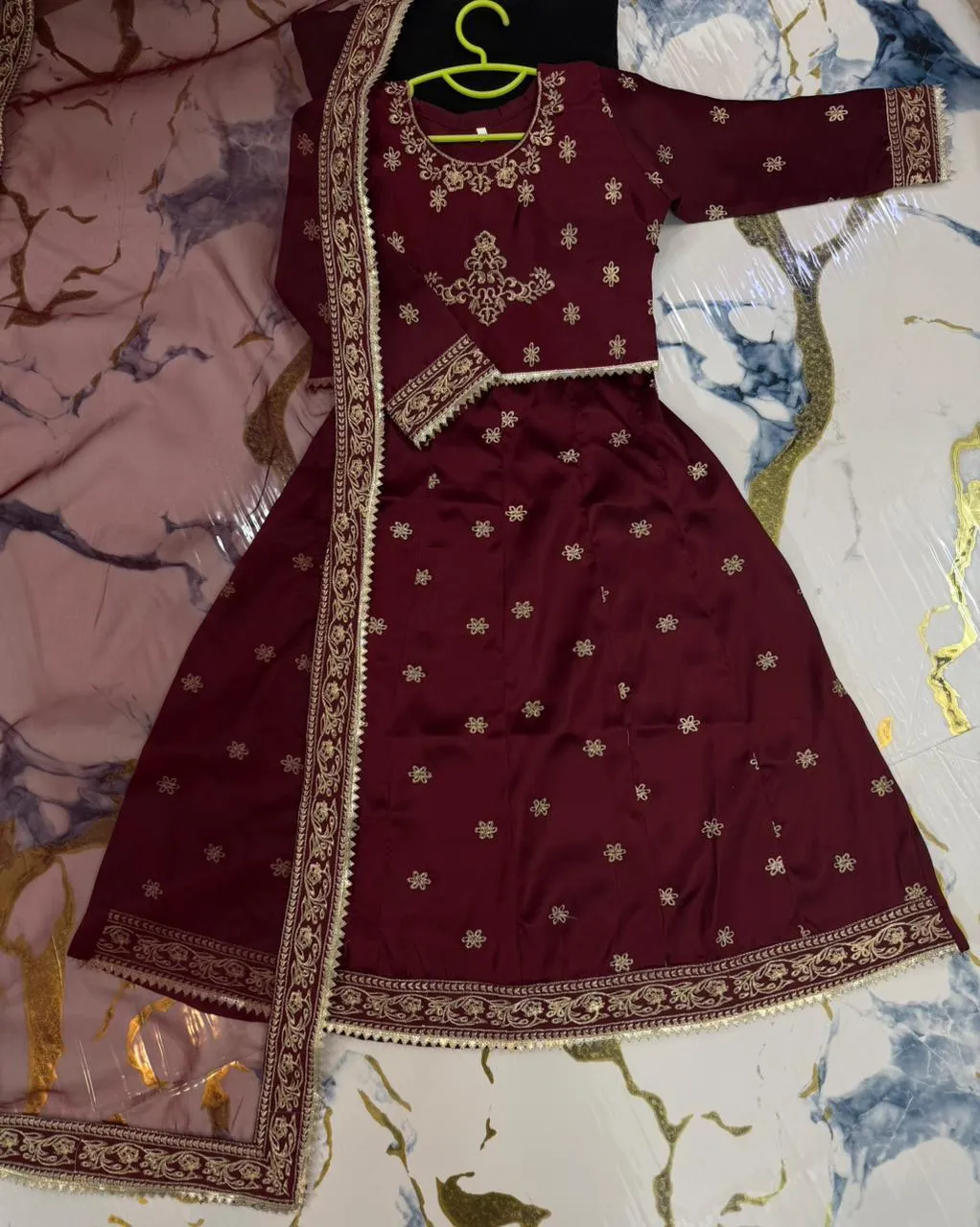 Kids 3Pcs Embroidered Maroon Lehenga Set