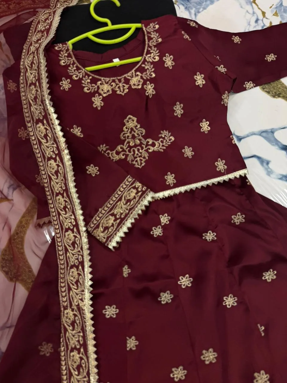 Kids 3Pcs Embroidered Maroon Lehenga Set