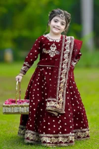 Kids 3Pcs Embroidered Maroon Lehenga Set