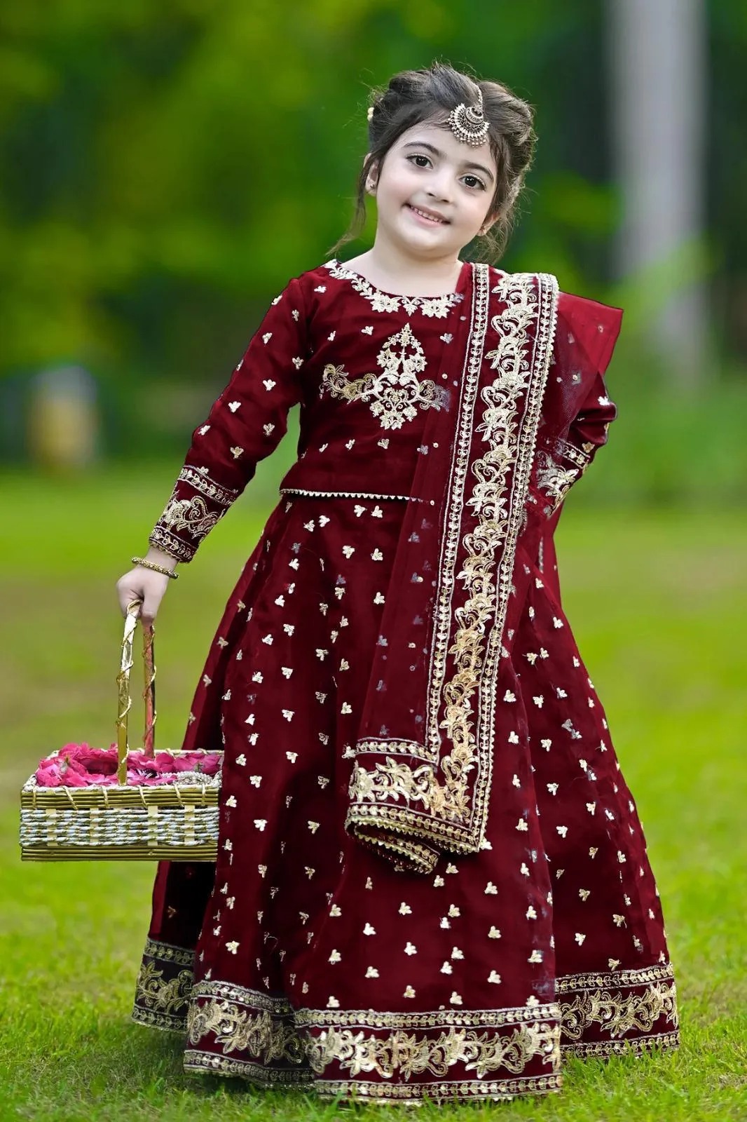 Kids 3Pcs Embroidered Maroon Lehenga Set