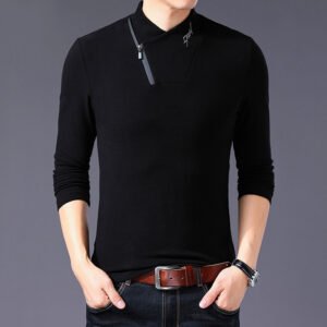 Men Black Cotton Zipper Half Turtleneck Long Sleeve Shirt Plus Size