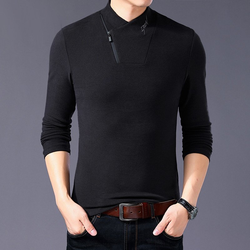Men Black Cotton Zipper Half Turtleneck Long Sleeve Shirt Plus Size