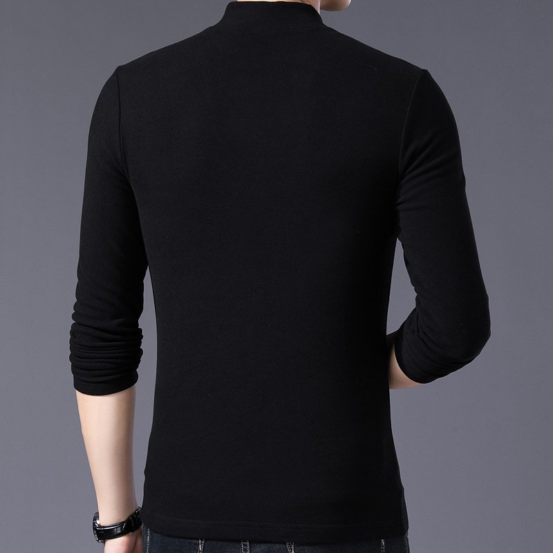 Men Black Cotton Zipper Half Turtleneck Long Sleeve Shirt Plus Size