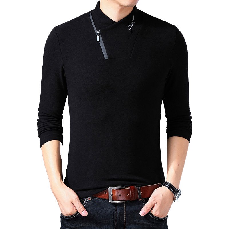 Men Black Cotton Zipper Half Turtleneck Long Sleeve Shirt Plus Size