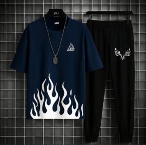 Men Flame Print Track Suit Blue Small to 2X-Large